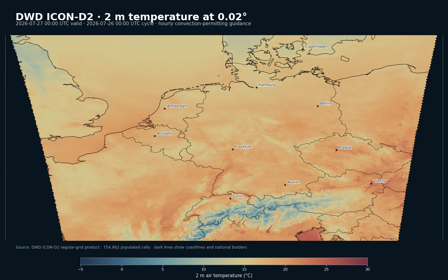 Temperatura a 2 metros de DWD ICON-D2 sobre Alemania y países vecinos en la grilla de 0,02 grados