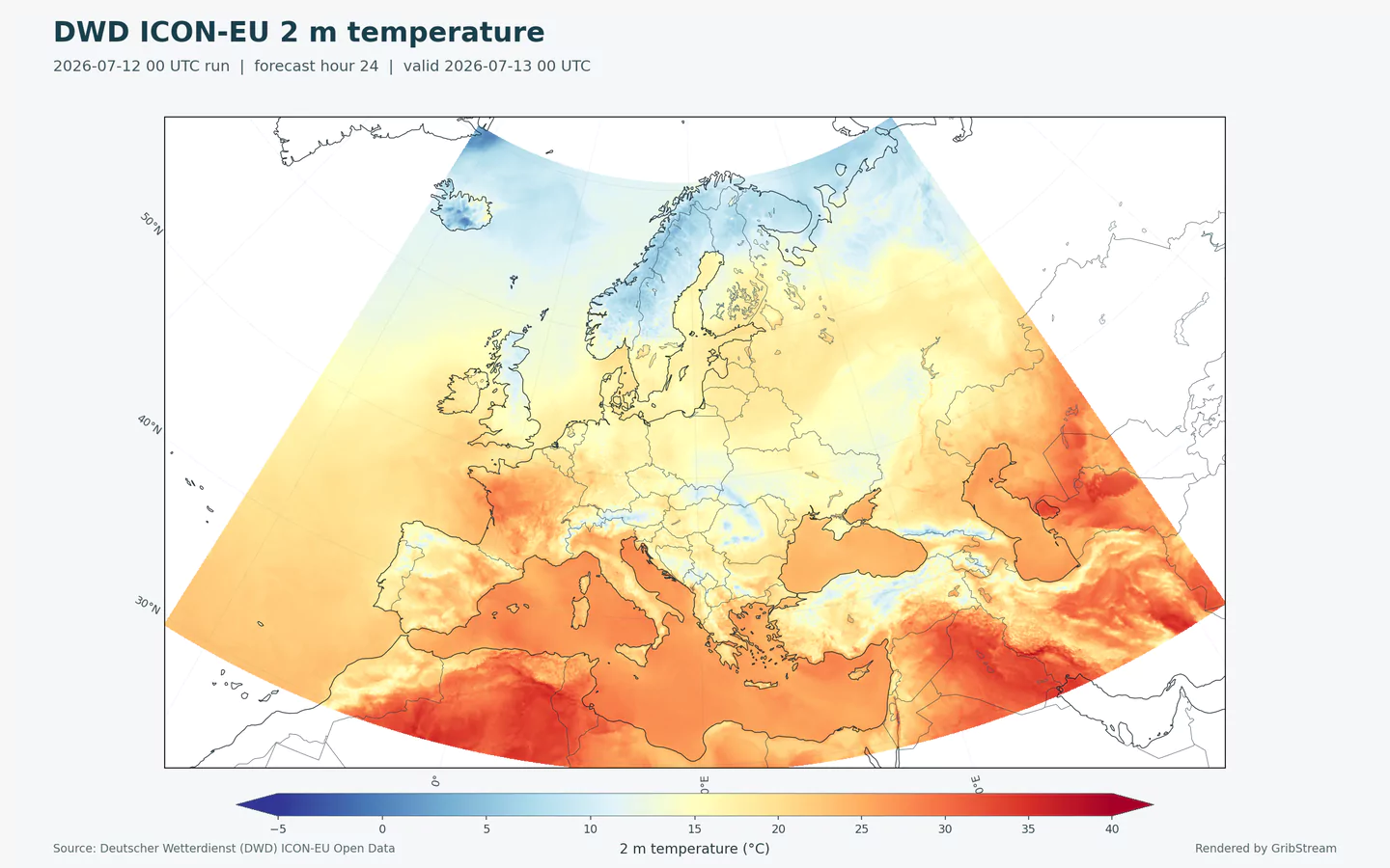 Prévision DWD ICON-EU de température à 2 mètres sur l'Europe, tracée sur la grille source de 0.0625 degré