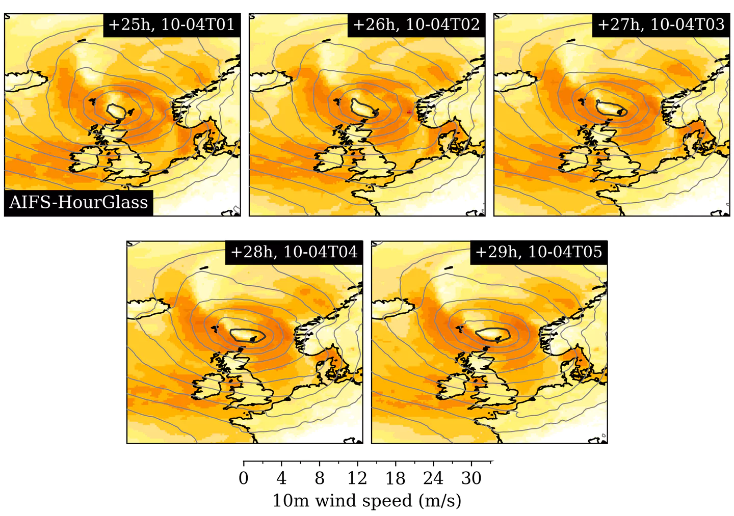 Cinco previsões horárias de vento do AIFS-HourGlass mostrando a evolução da tempestade Amy sobre o norte da Europa