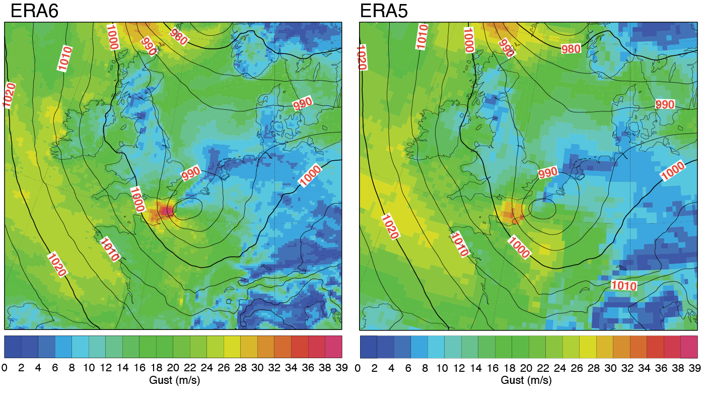 Mapas do ECMWF da tempestade Egon mostrando uma área de rajadas máximas mais fortes no ERA6 à esquerda do que no ERA5 à direita, com contornos de pressão ao nível do mar