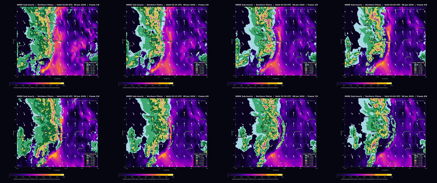 Contact sheet of eight HRRR sub-hourly weather map frames generated from GribStream MCP CSV query results