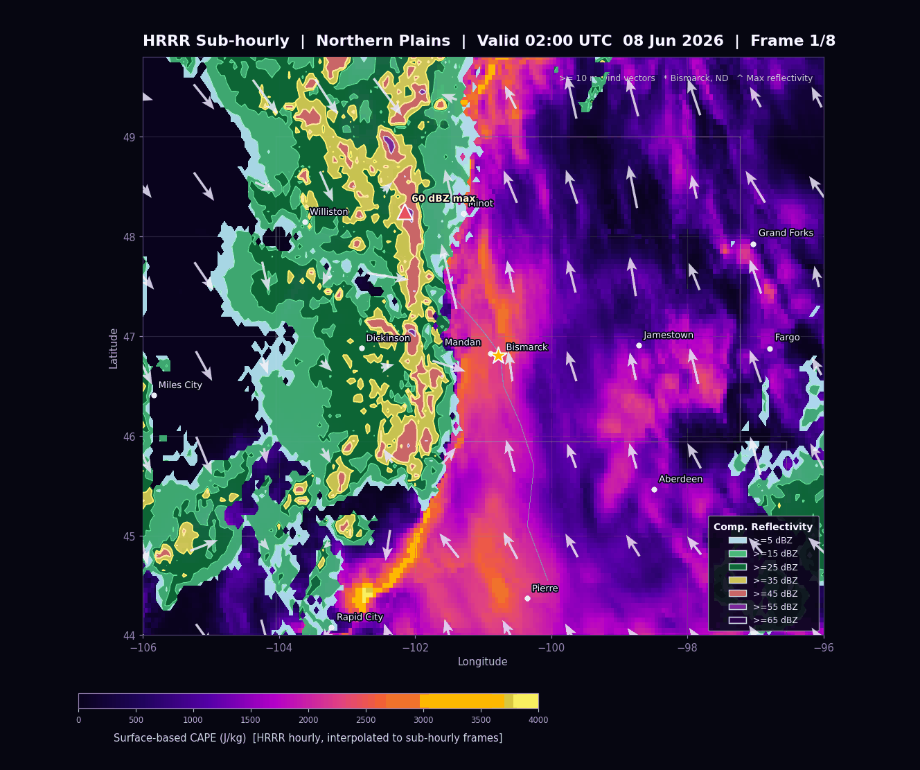 Animated HRRR sub-hourly CAPE, composite reflectivity, and 10 meter wind map near Bismarck, North Dakota generated from GribStream MCP CSV query results
