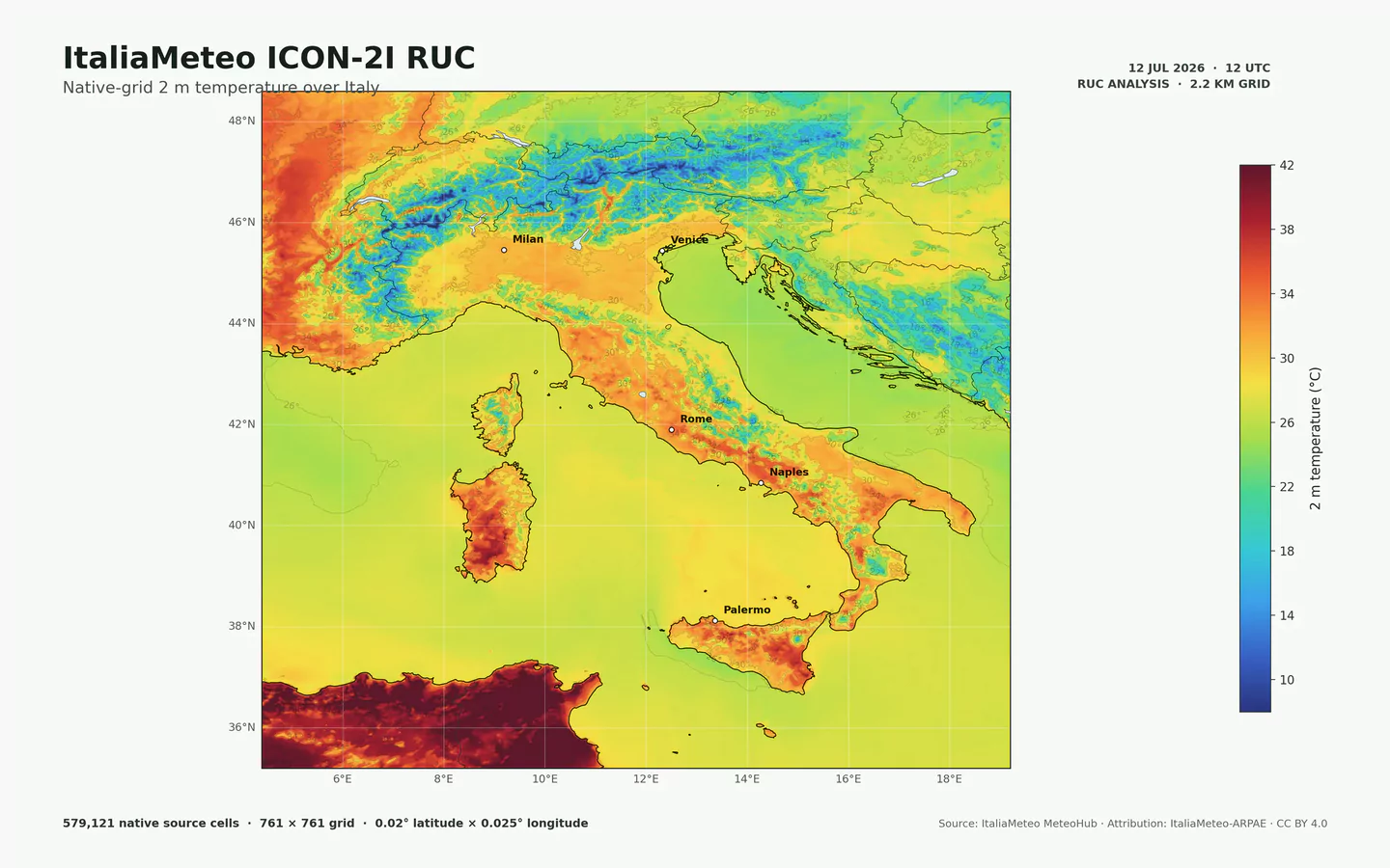 Mappa ad alta risoluzione della temperatura a 2 metri di ItaliaMeteo ICON-2I RUC sull'Italia, sulla griglia nativa del modello a 2.2 km