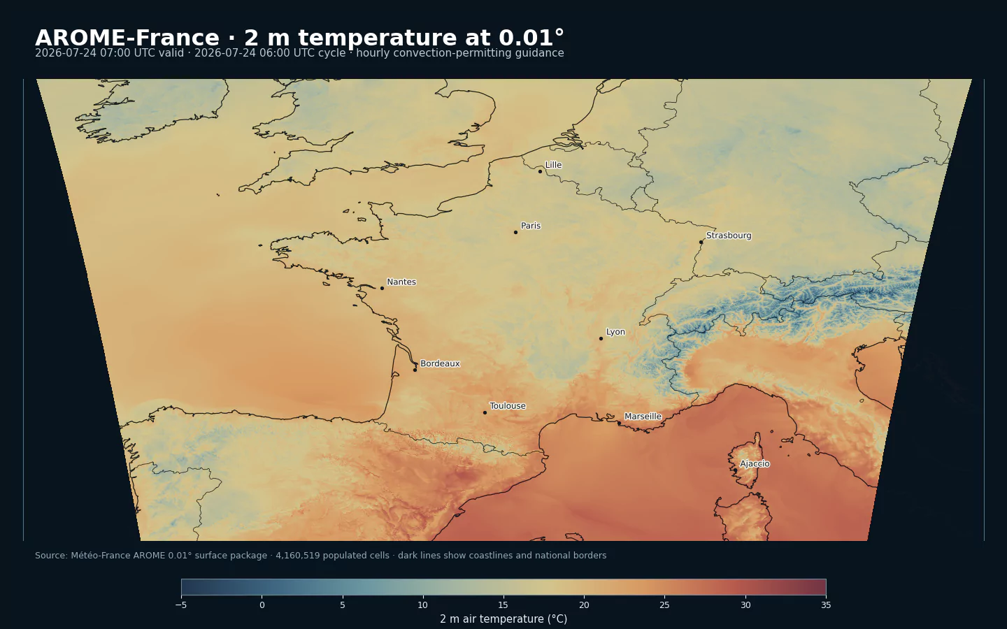 Météo-France AROME 2 meter temperature forecast over France and nearby countries on the 0.01 degree output grid