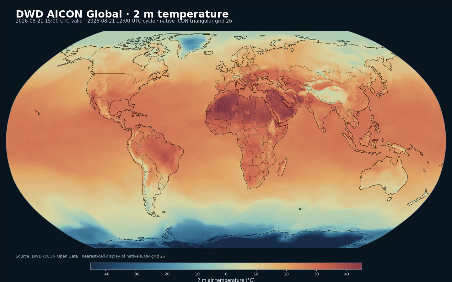 2-Meter-Temperatur von DWD AICON Global auf dem nativen ICON-Dreiecksgitter