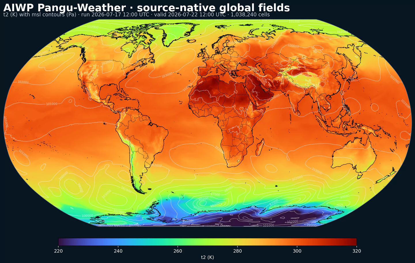 AIWP Pangu-Weather source-native 2 metre temperature with mean sea-level pressure contours on the global grid
