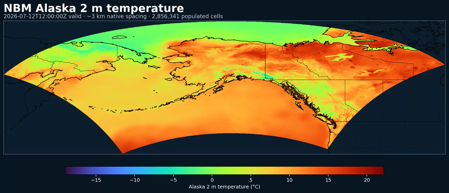 NBM 2 meter temperature across its complete Alaska grid