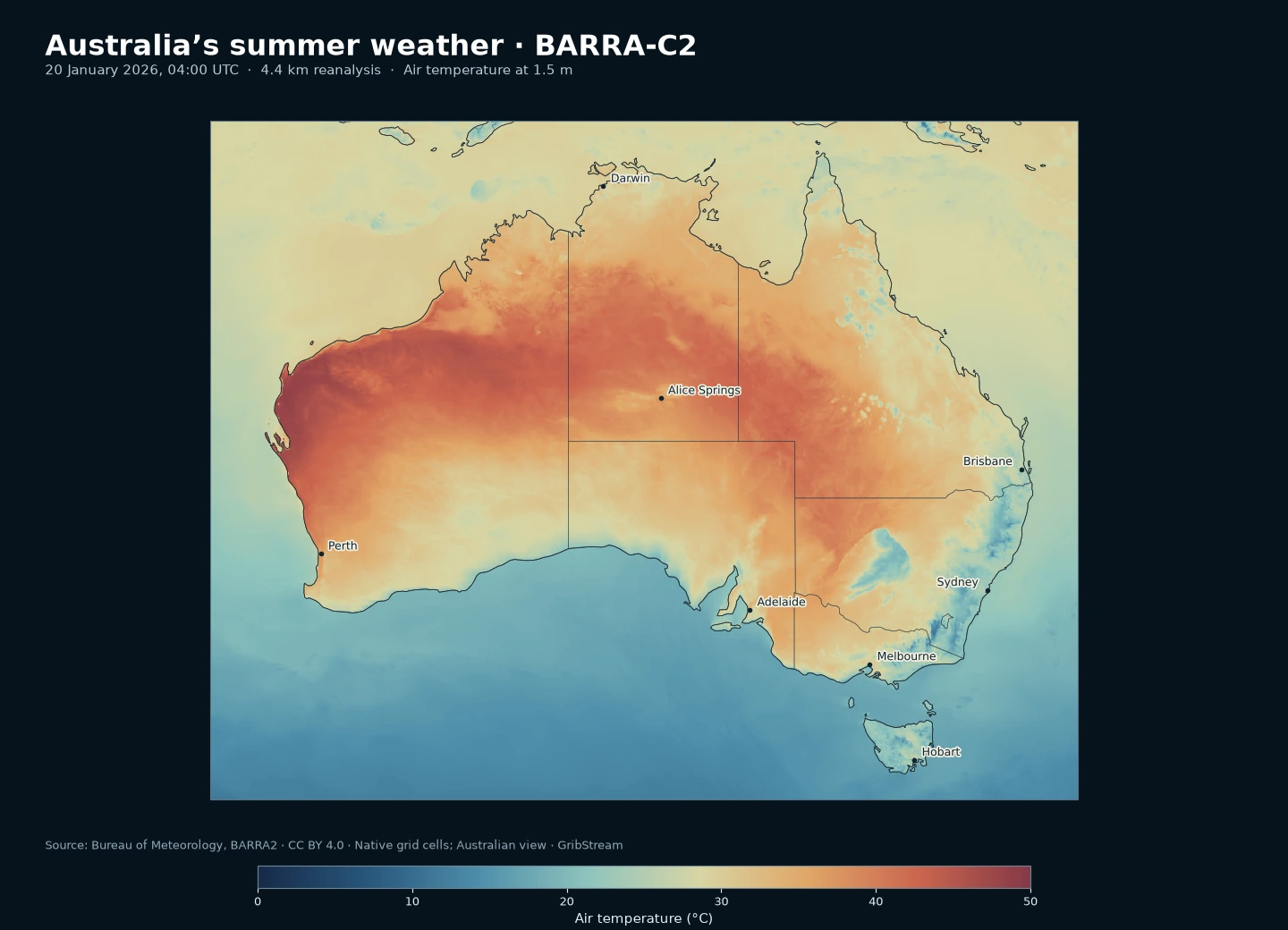 BARRA-C2-Lufttemperatur über Australien am 20. Januar 2026 um 04 UTC