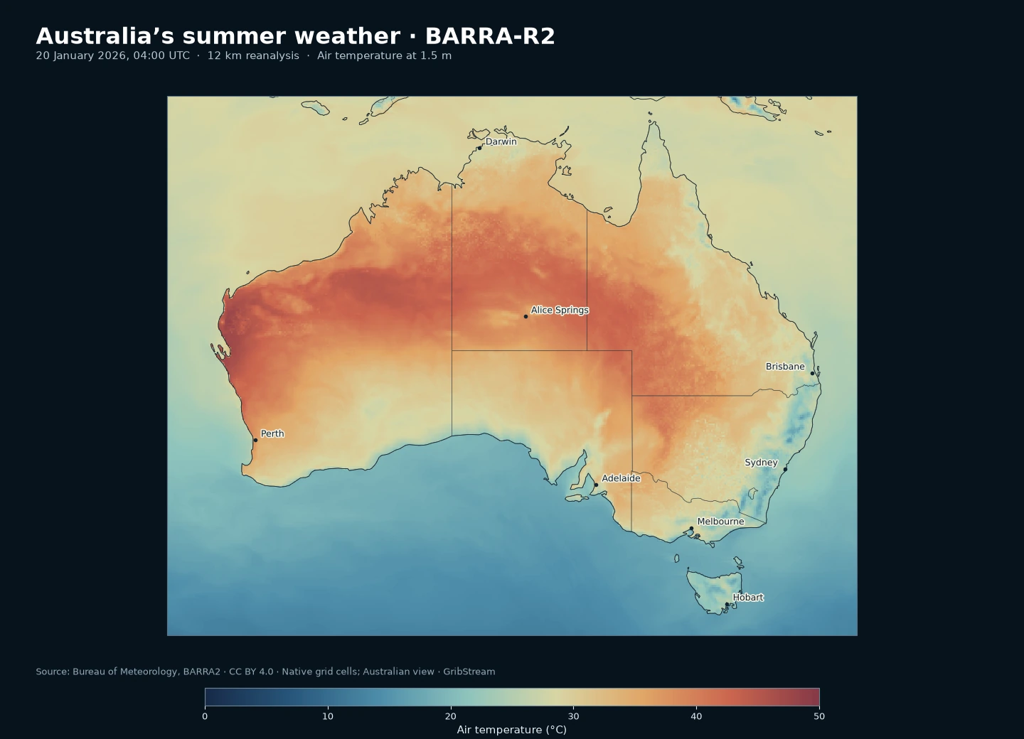 Température de l’air BARRA-R2 sur l’Australie le 20 janvier 2026 à 04 UTC