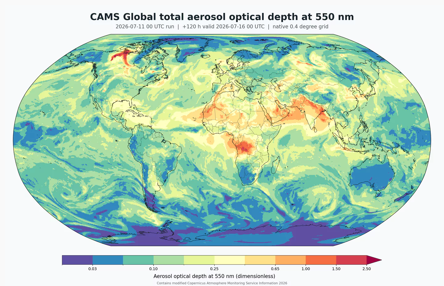 Profundidad óptica total de aerosoles a 550 nm de CAMS Global en la grilla global nativa con fronteras nacionales
