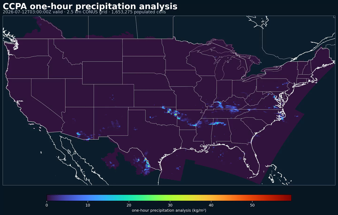 CCPA one-hour precipitation analysis across its complete grid