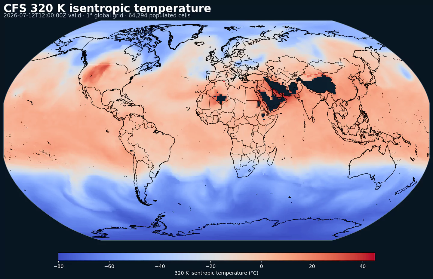 CFS temperature on the 320 kelvin isentropic level across its global grid