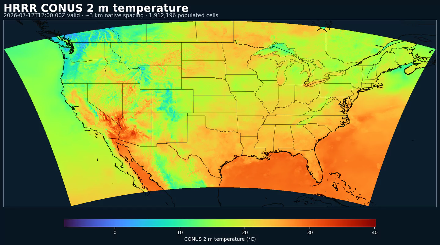 HRRR 2 meter temperature across its complete populated grid with black boundaries