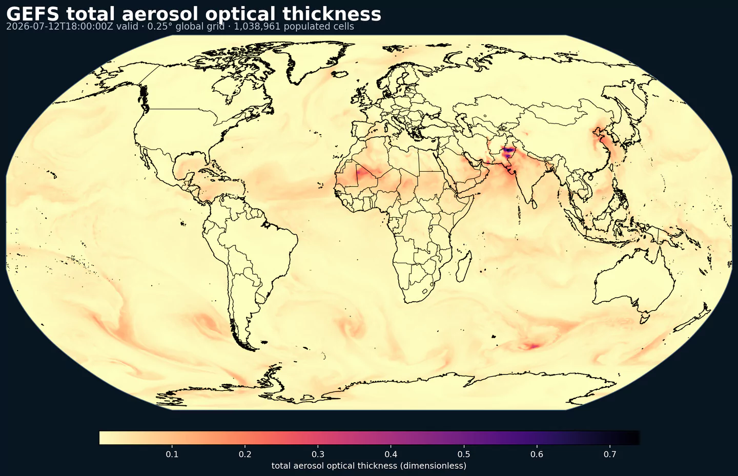 GEFS total aerosol optical thickness across its global grid