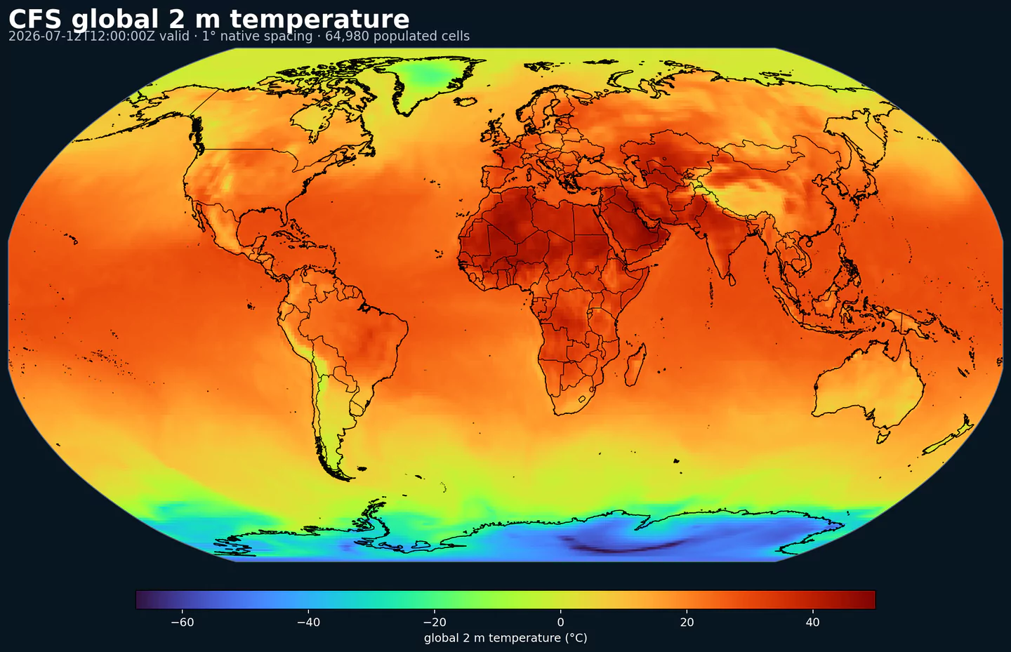 Global CFS 2 meter temperature map on its one degree grid with black country boundaries