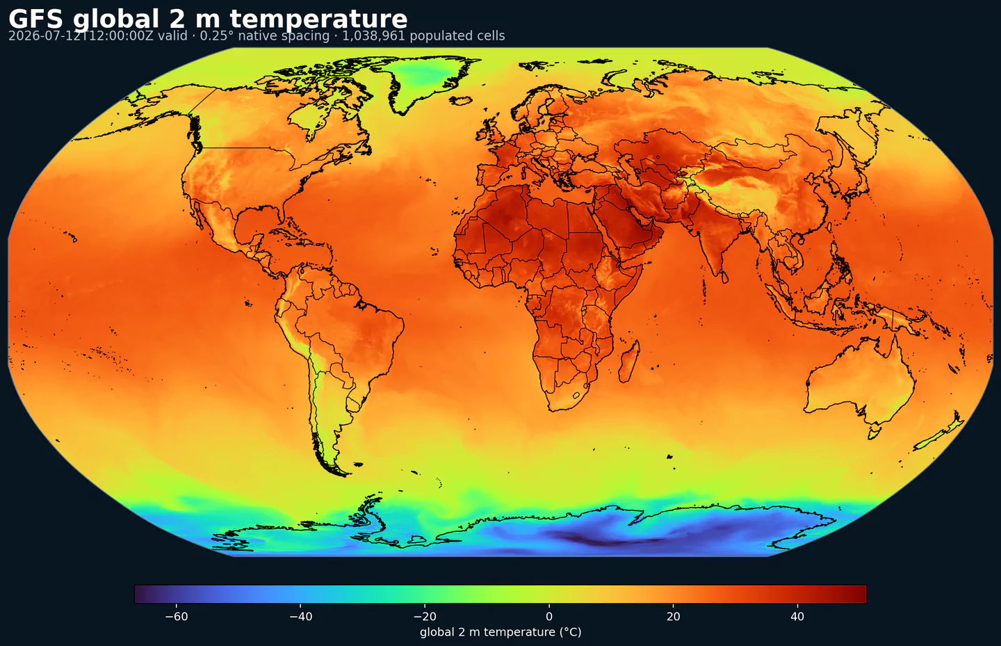 Global native-grid GFS 2 meter temperature map with country boundaries
