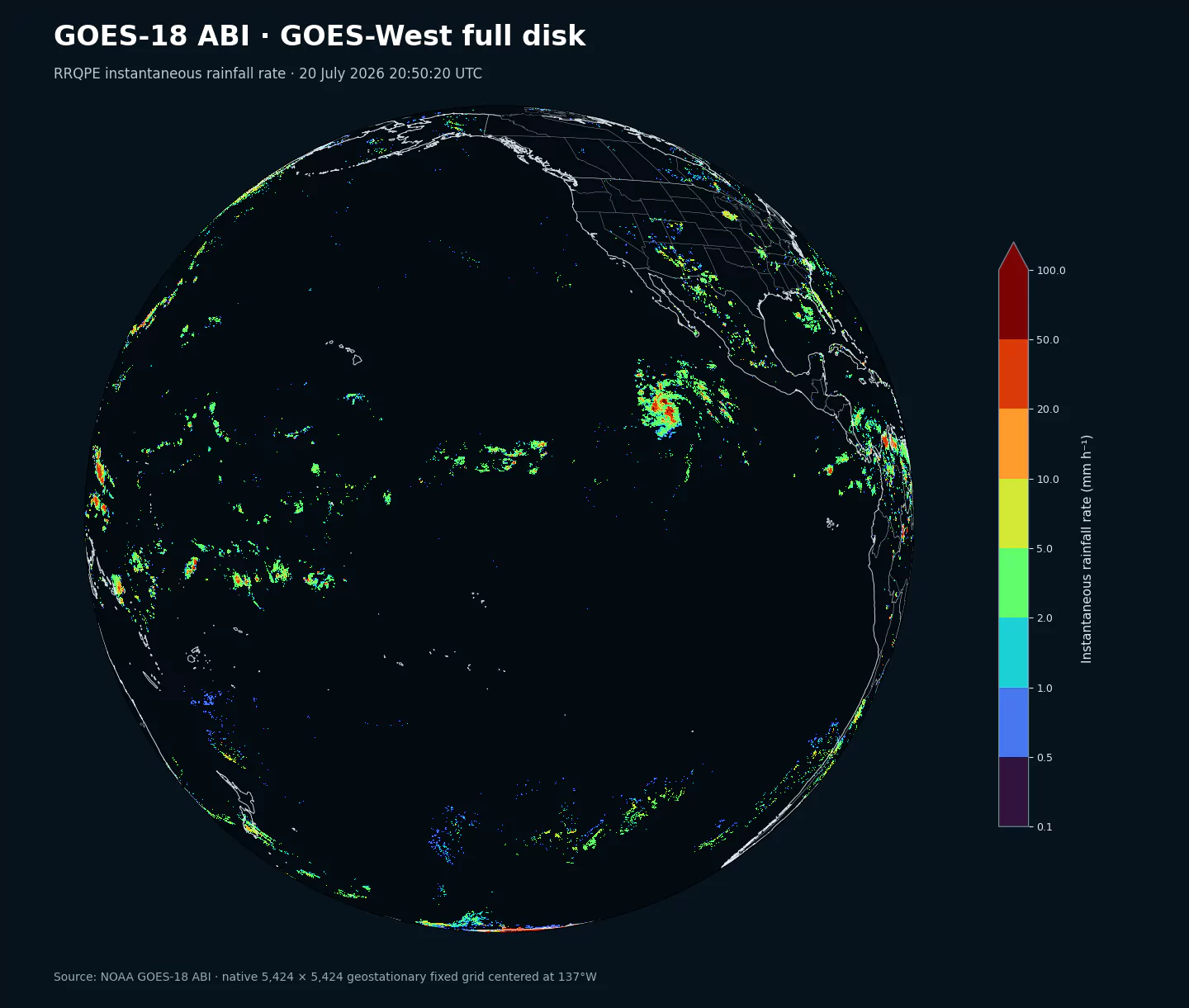 Tasso di pioggia istantaneo full-disk NOAA GOES-18 ABI sulla griglia fissa nativa GOES-West