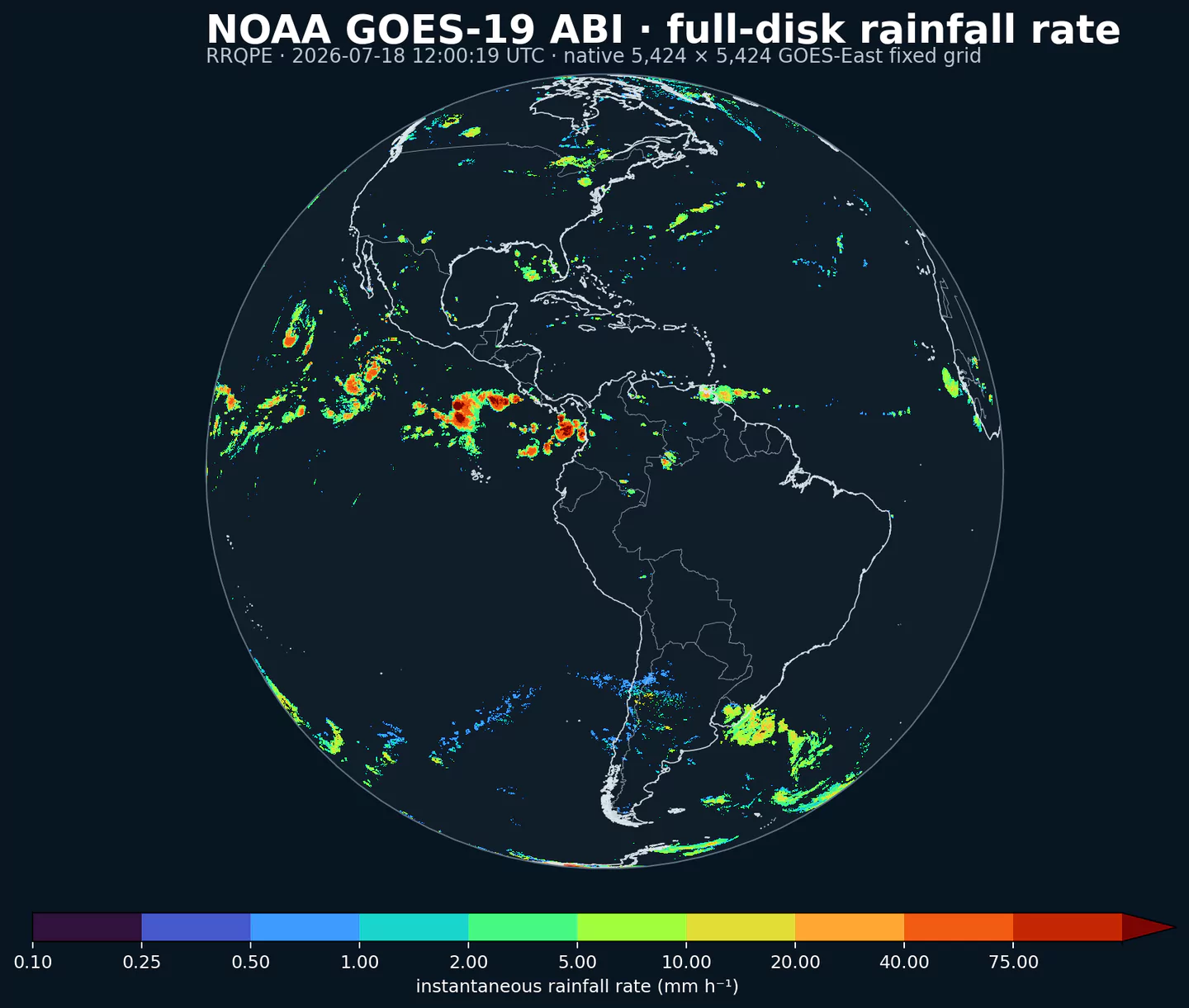 Tasso di pioggia istantaneo full-disk NOAA GOES-19 ABI sulla griglia fissa nativa GOES-East