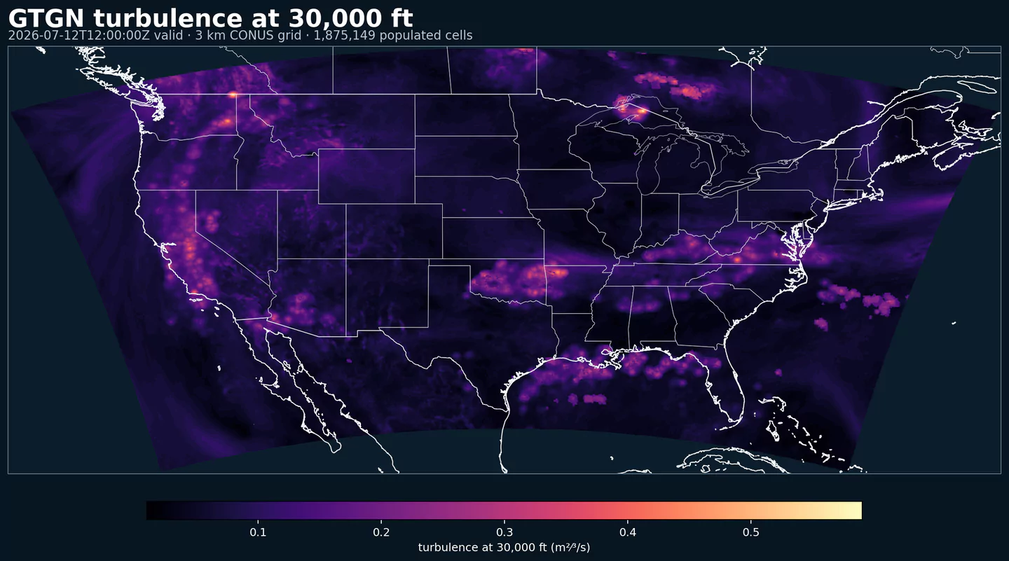 GTGN turbulence parameter at 30000 feet across its complete grid