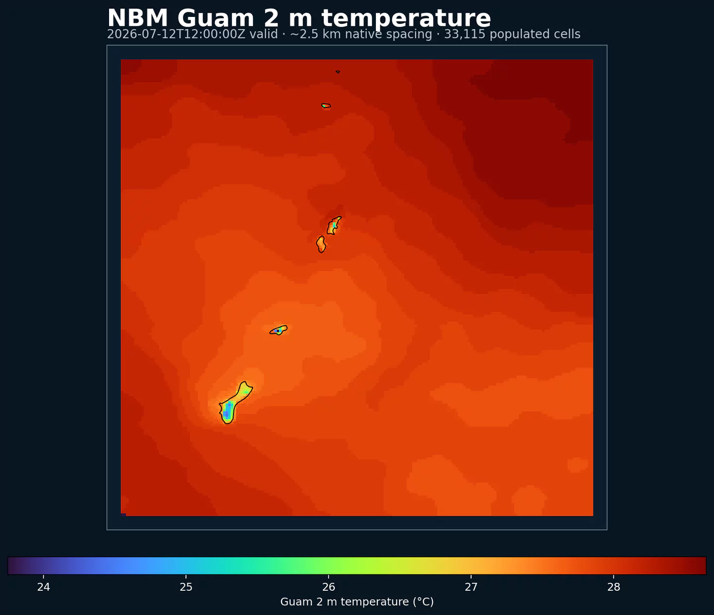 NBM Guam 2 meter temperature map across the western Pacific domain