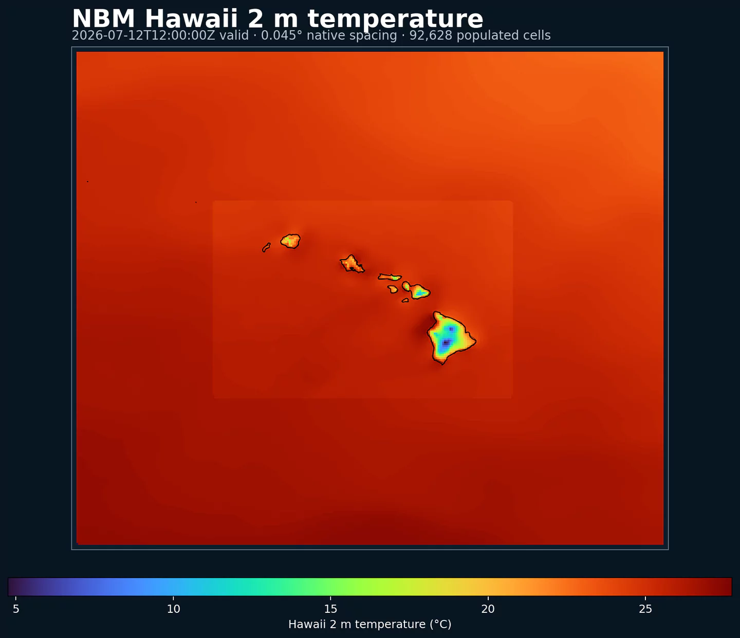 Native-grid NBM 2 meter temperature map over Hawaii