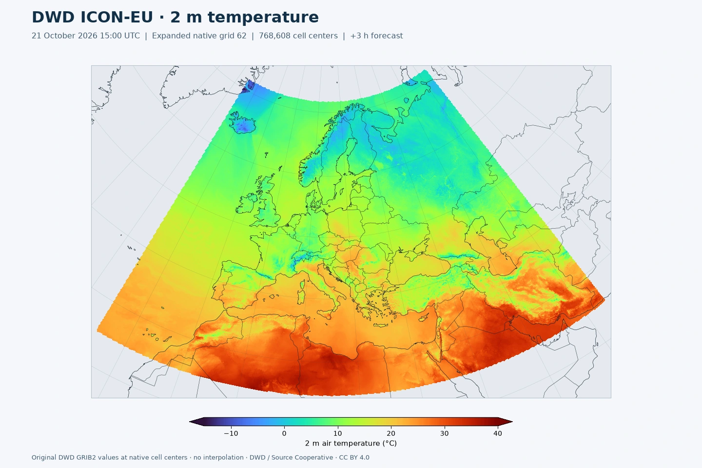ICON-EU 2 m temperature across the expanded European domain, 21 October 2026 at 15 UTC