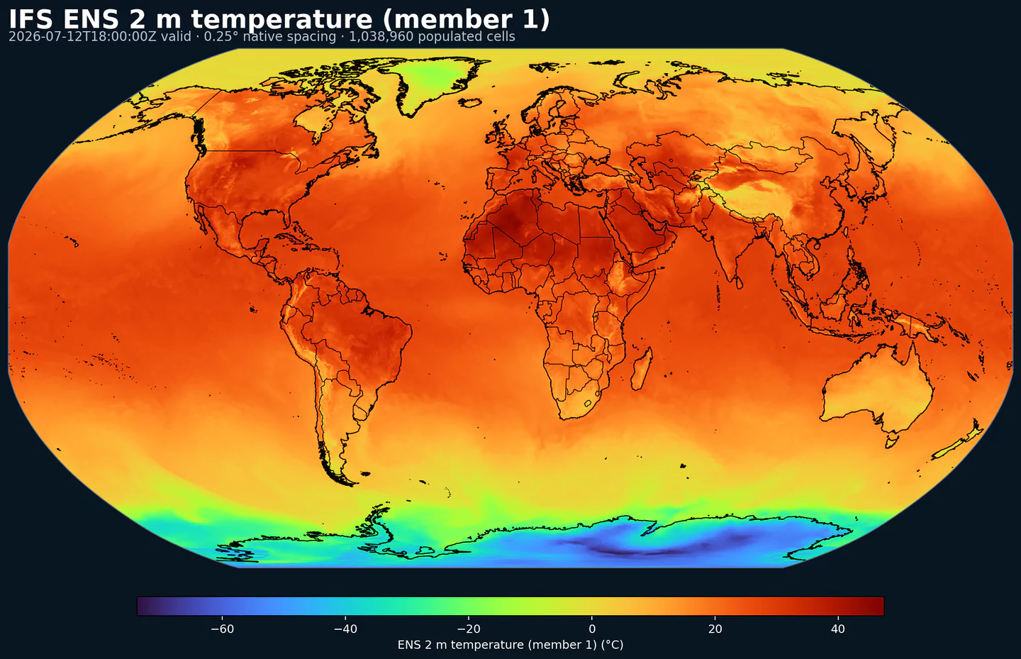 IFS ensemble member 1 2 meter temperature across its global grid
