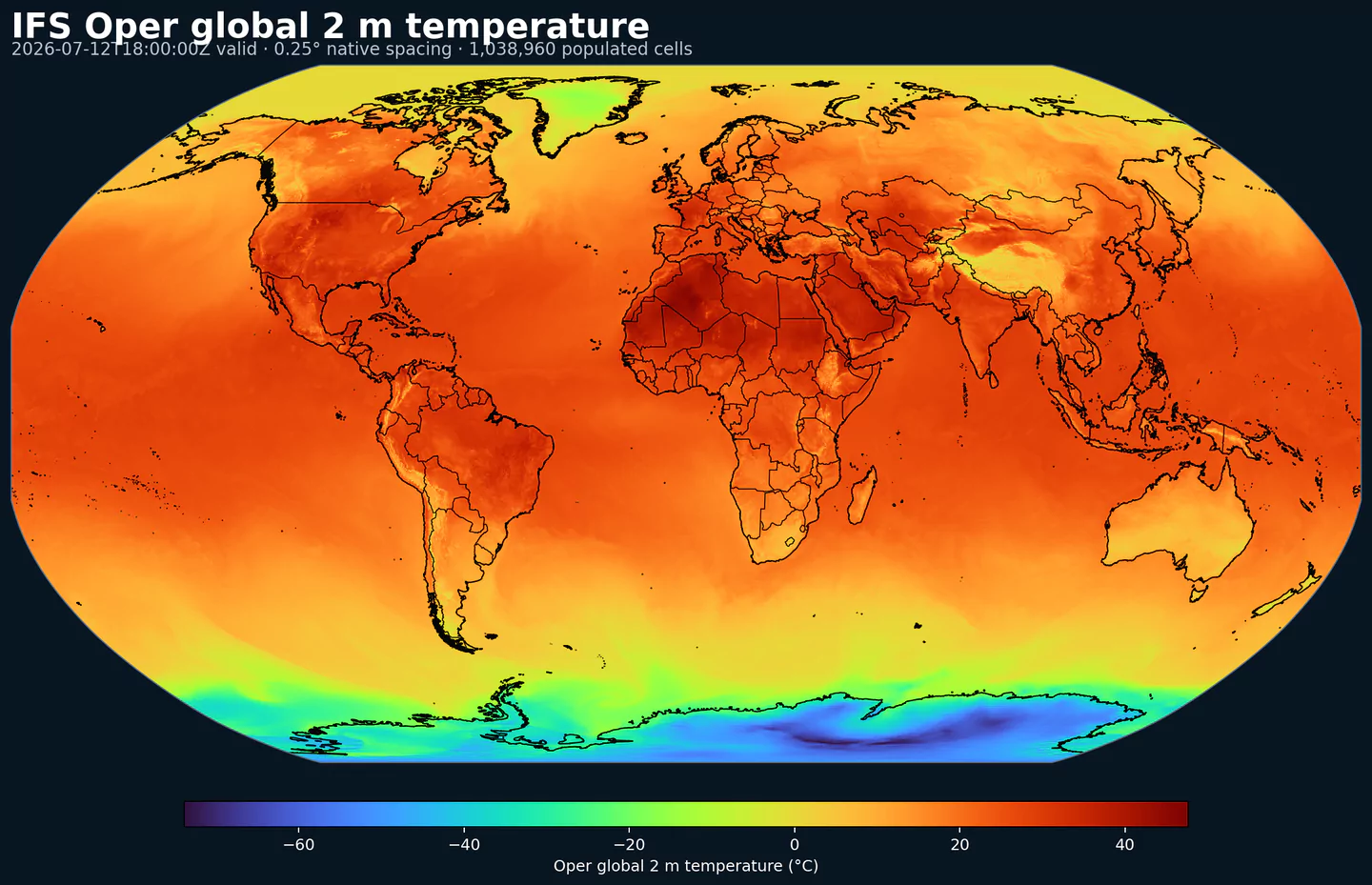 IFS Oper 2 meter temperature across its global grid with black country boundaries