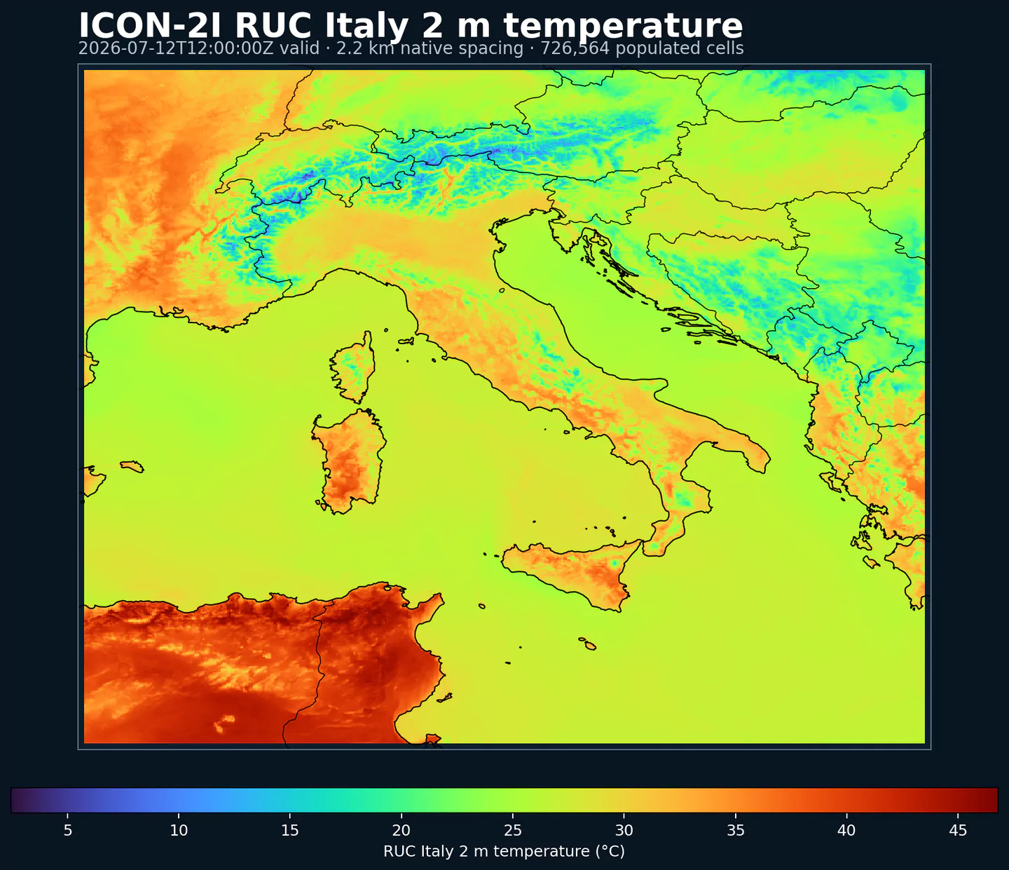 ICON-2I RUC 2 meter temperature across its complete Italy grid with black boundaries
