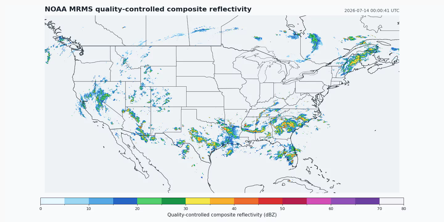 Riflettività composita NOAA MRMS con controllo di qualità sulla griglia CONUS nativa, con confini statali e nazionali
