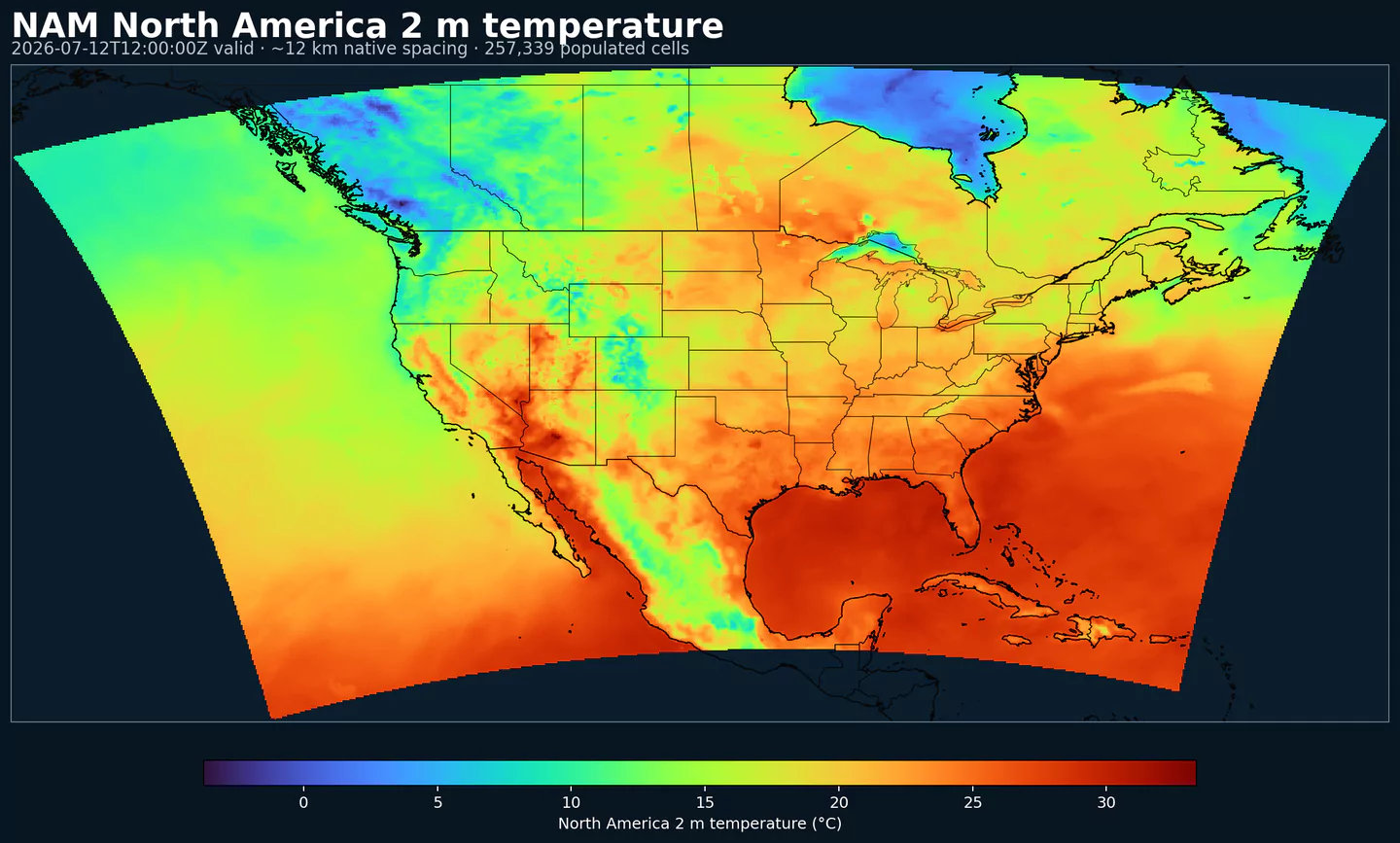 NAM 2 meter temperature across its complete North American grid with black boundaries
