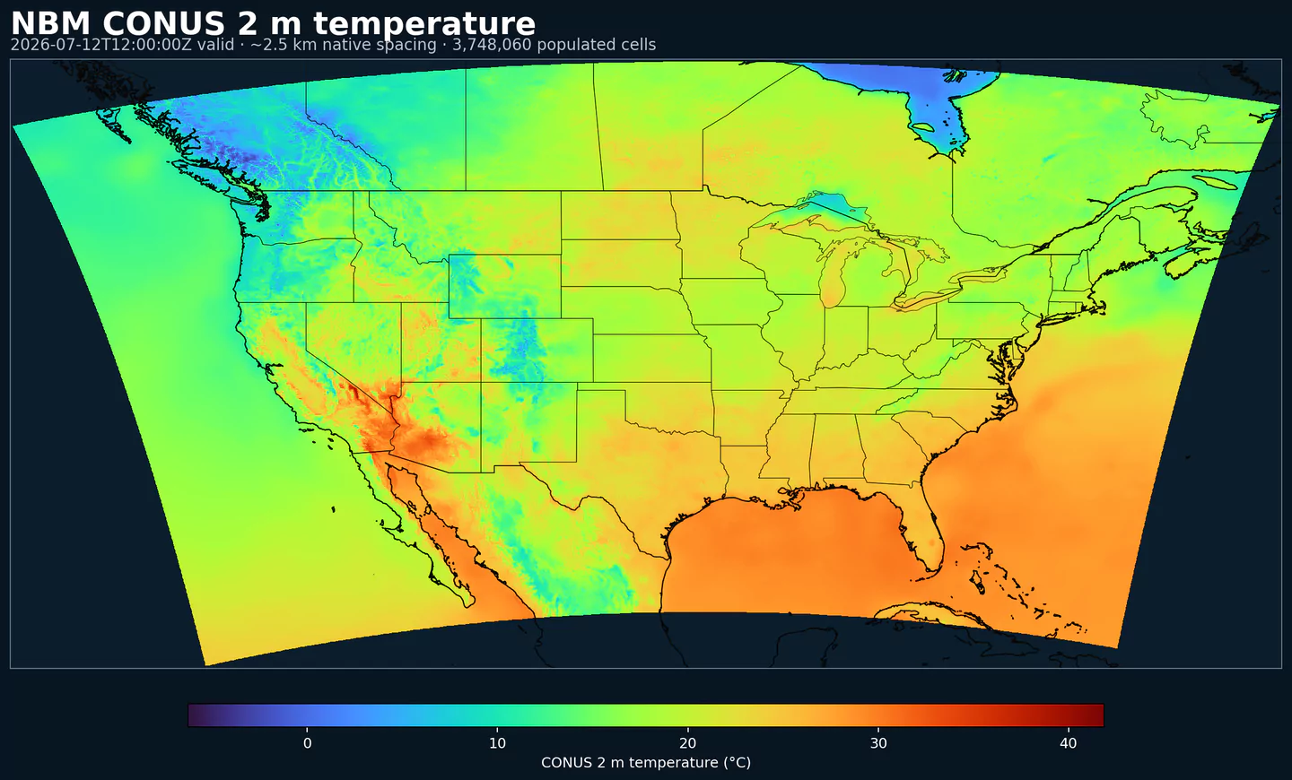 NBM 2 meter temperature across its complete CONUS product grid with black boundaries
