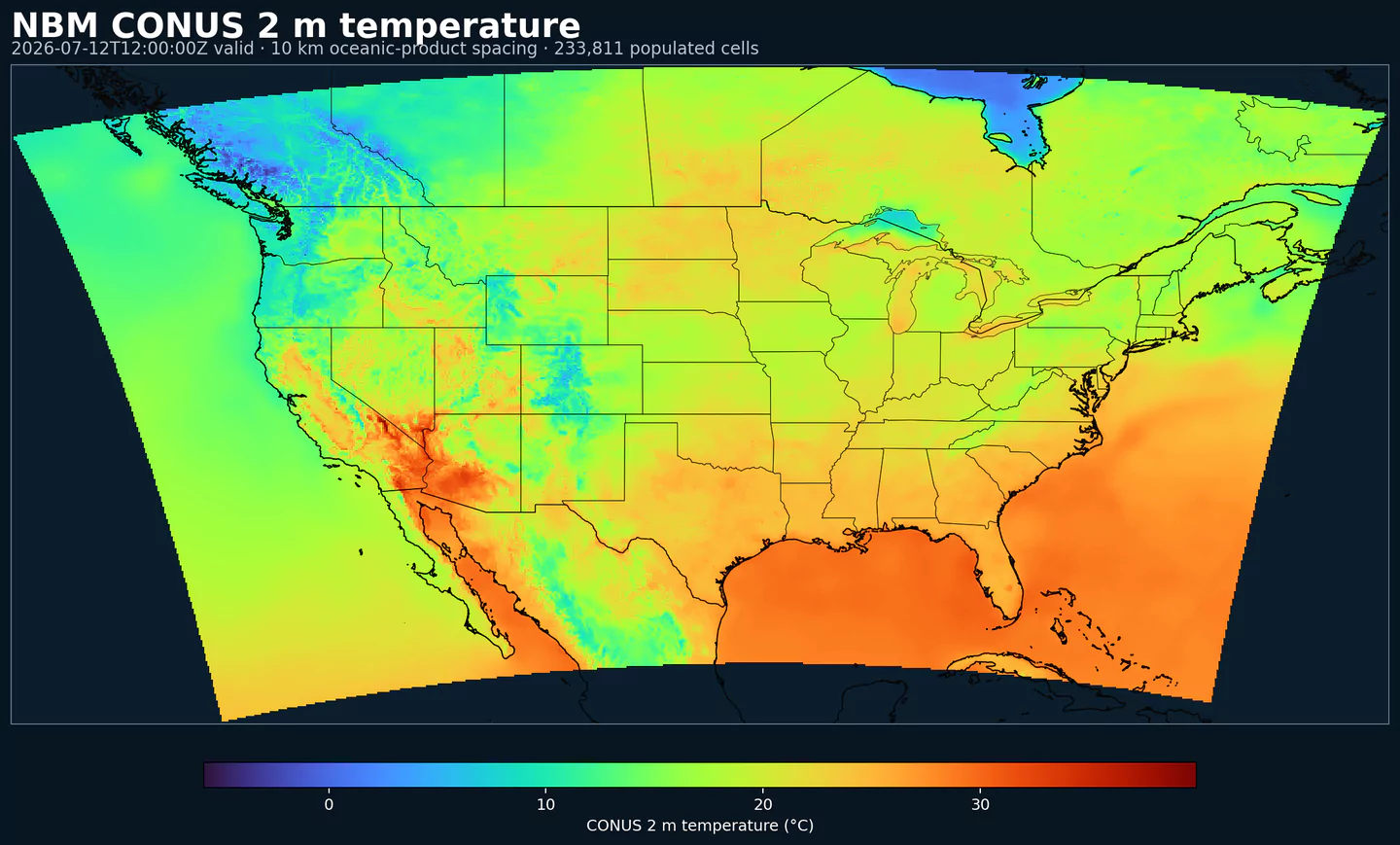 NBM 2 meter temperature across its complete oceanic product grid with black boundaries