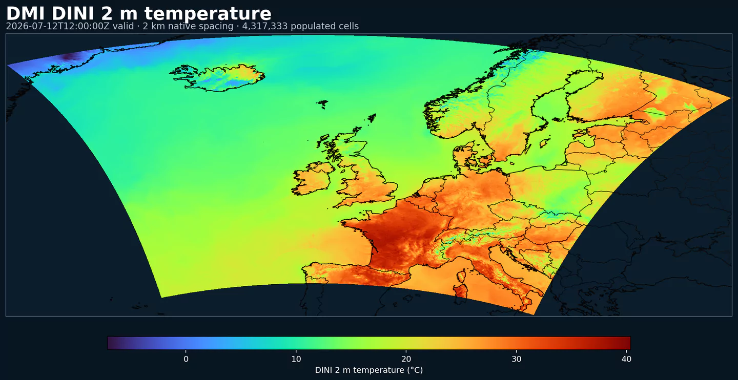 DMI DINI 2 meter temperature across the complete Northwestern Europe grid