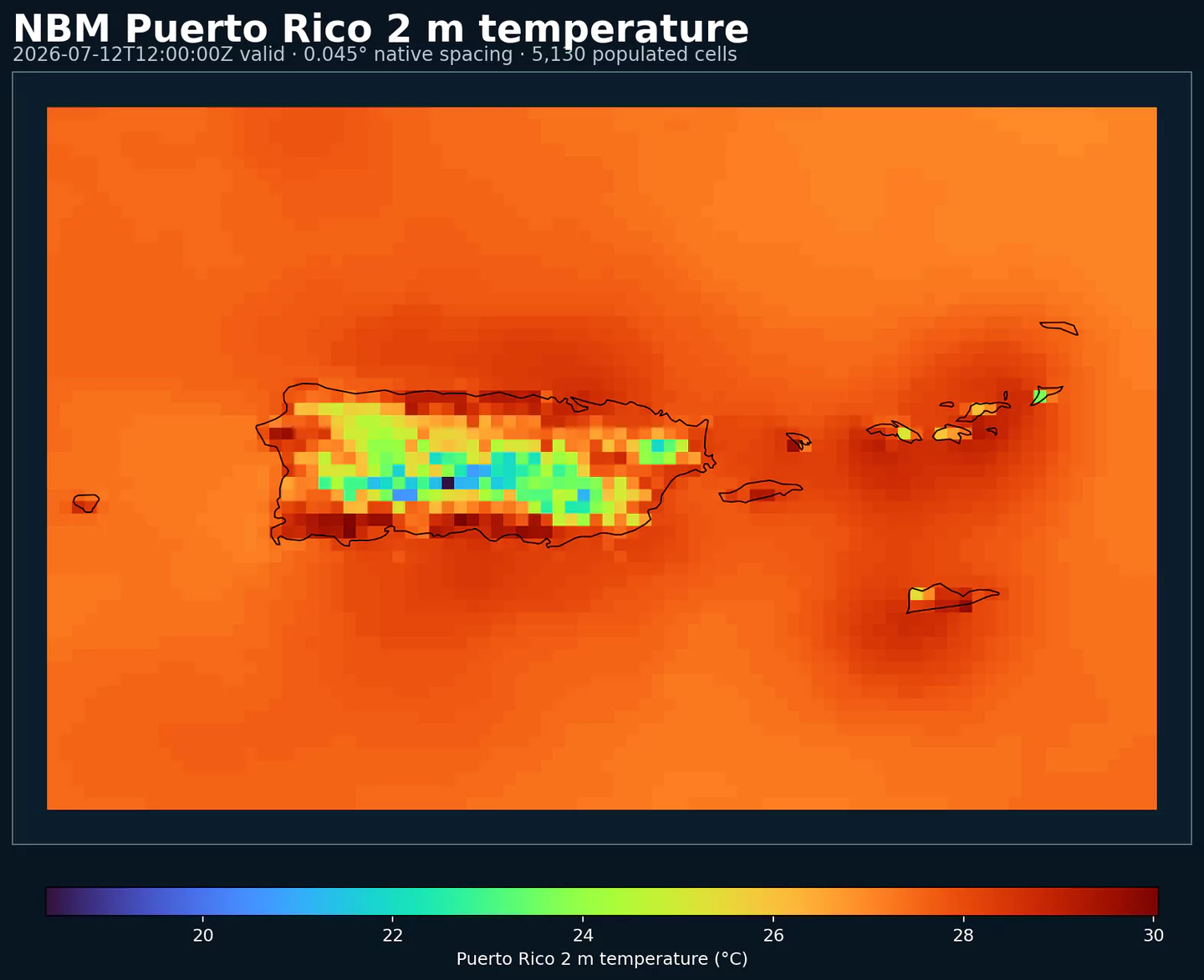 Native-grid NBM 2 meter temperature map over Puerto Rico