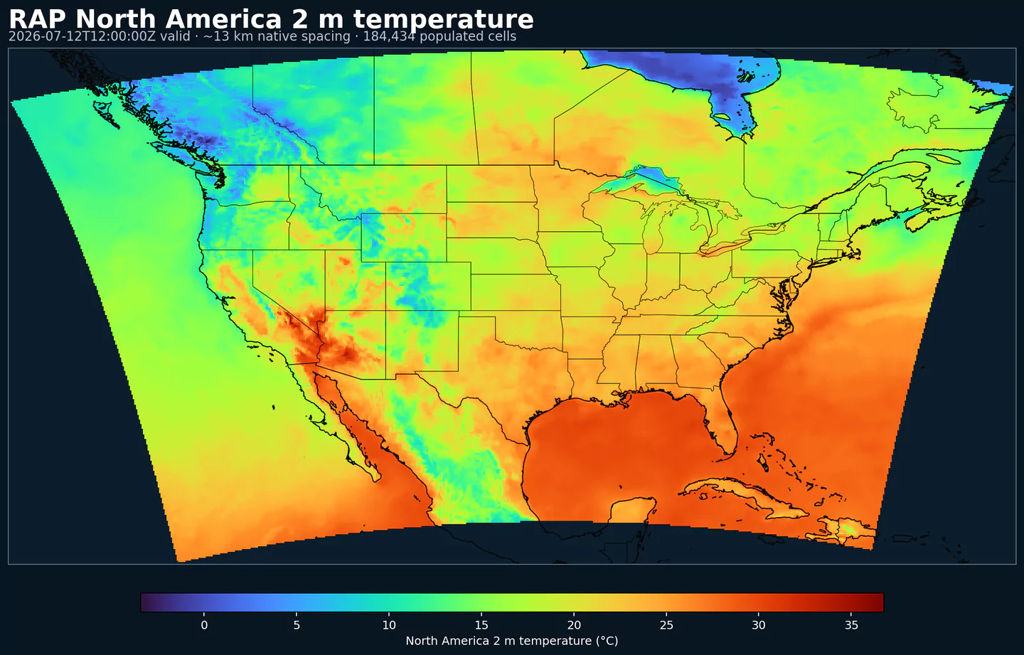 RAP 2 meter temperature across its complete North American grid with black boundaries