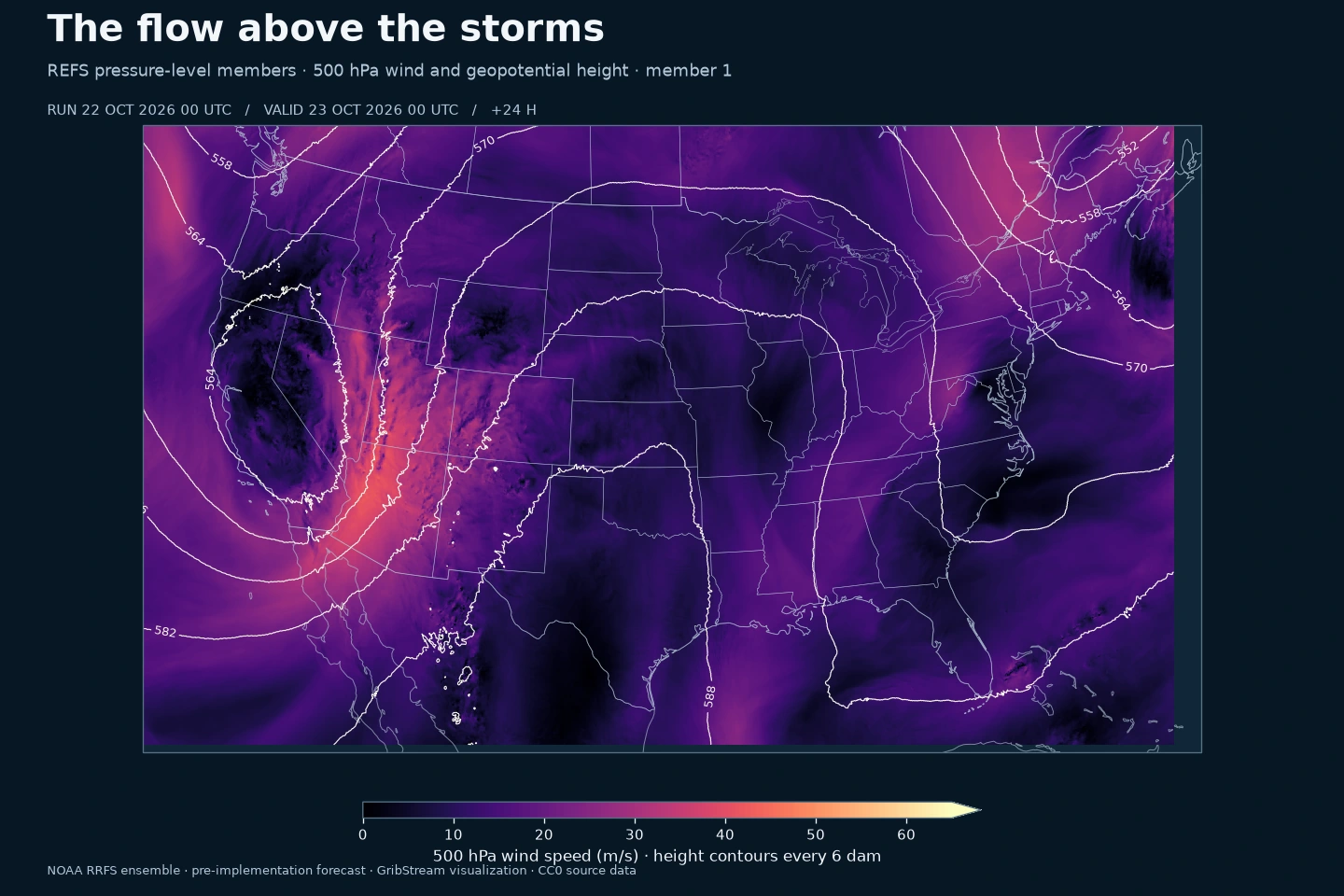 500 hPa wind speed (color, m/s) and geopotential height (contours every 6 dam), member 1, 22 October 2026 00 UTC run, valid 23 October 00 UTC (+24 h). Speed is calculated from the published U and V wind components; contours use the published height field. NOAA pre-implementation data; GribStream visualization.