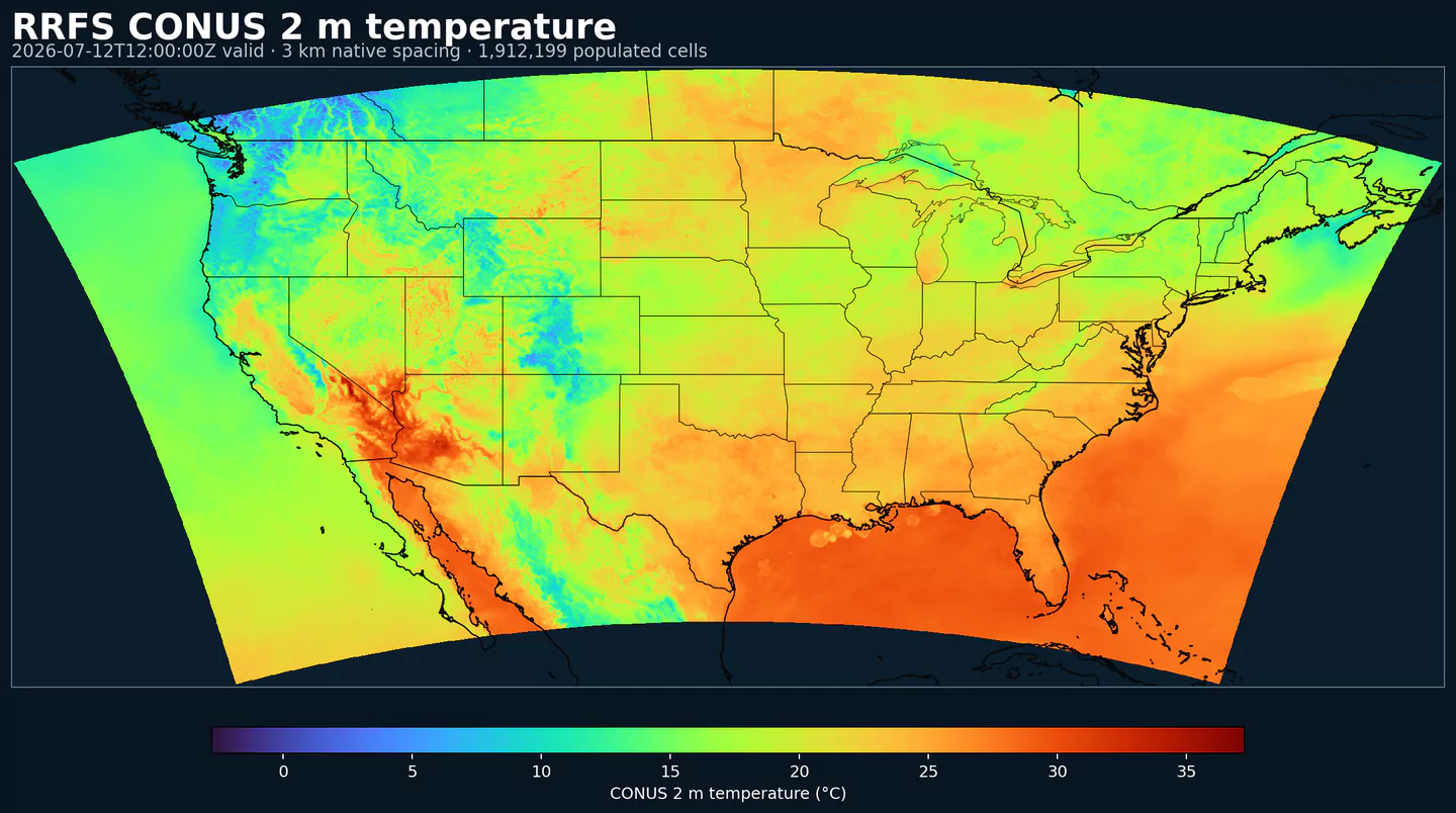 RRFS 2 meter temperature across its complete populated grid with black boundaries