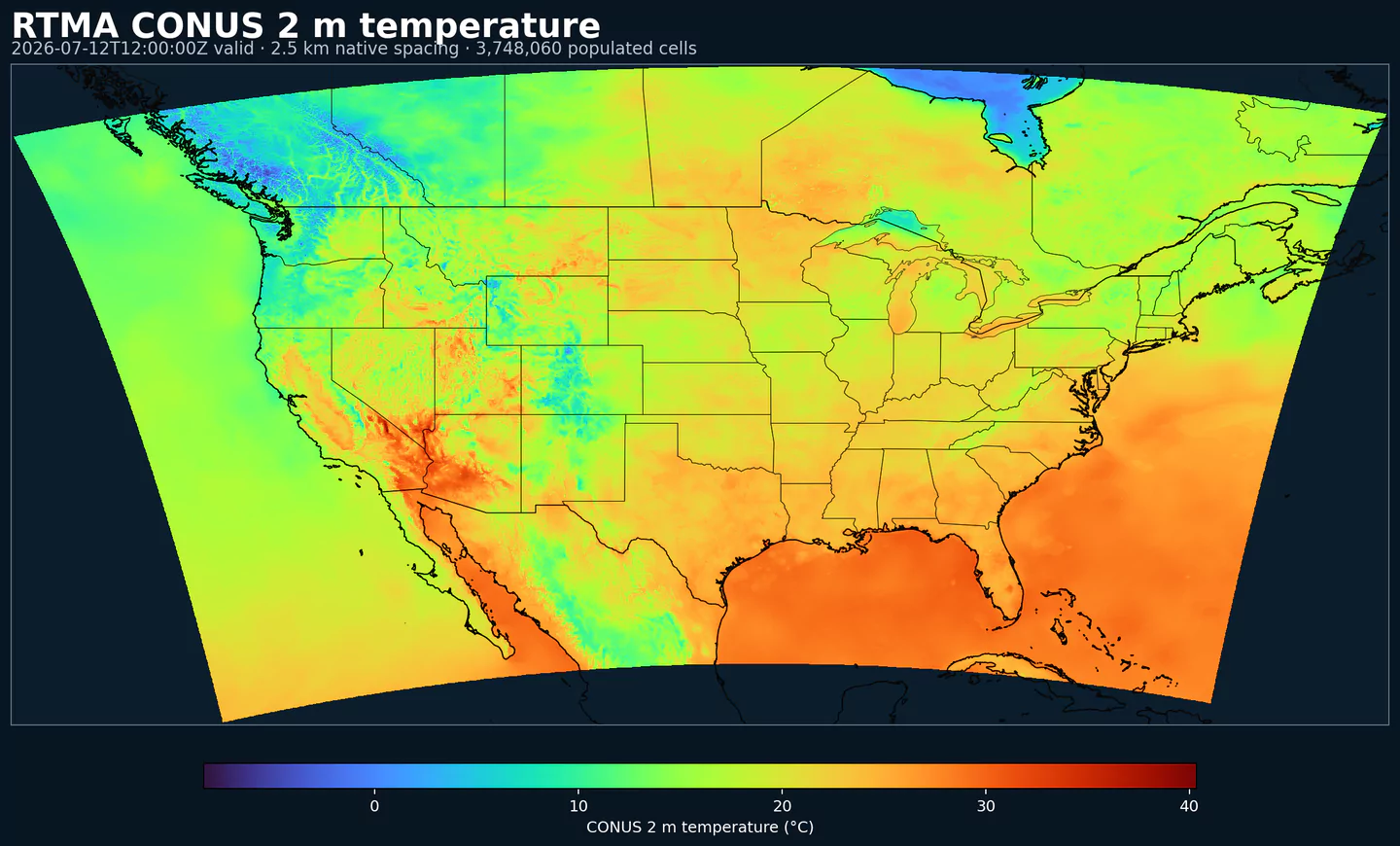 RTMA 2 meter temperature analysis across its complete populated grid