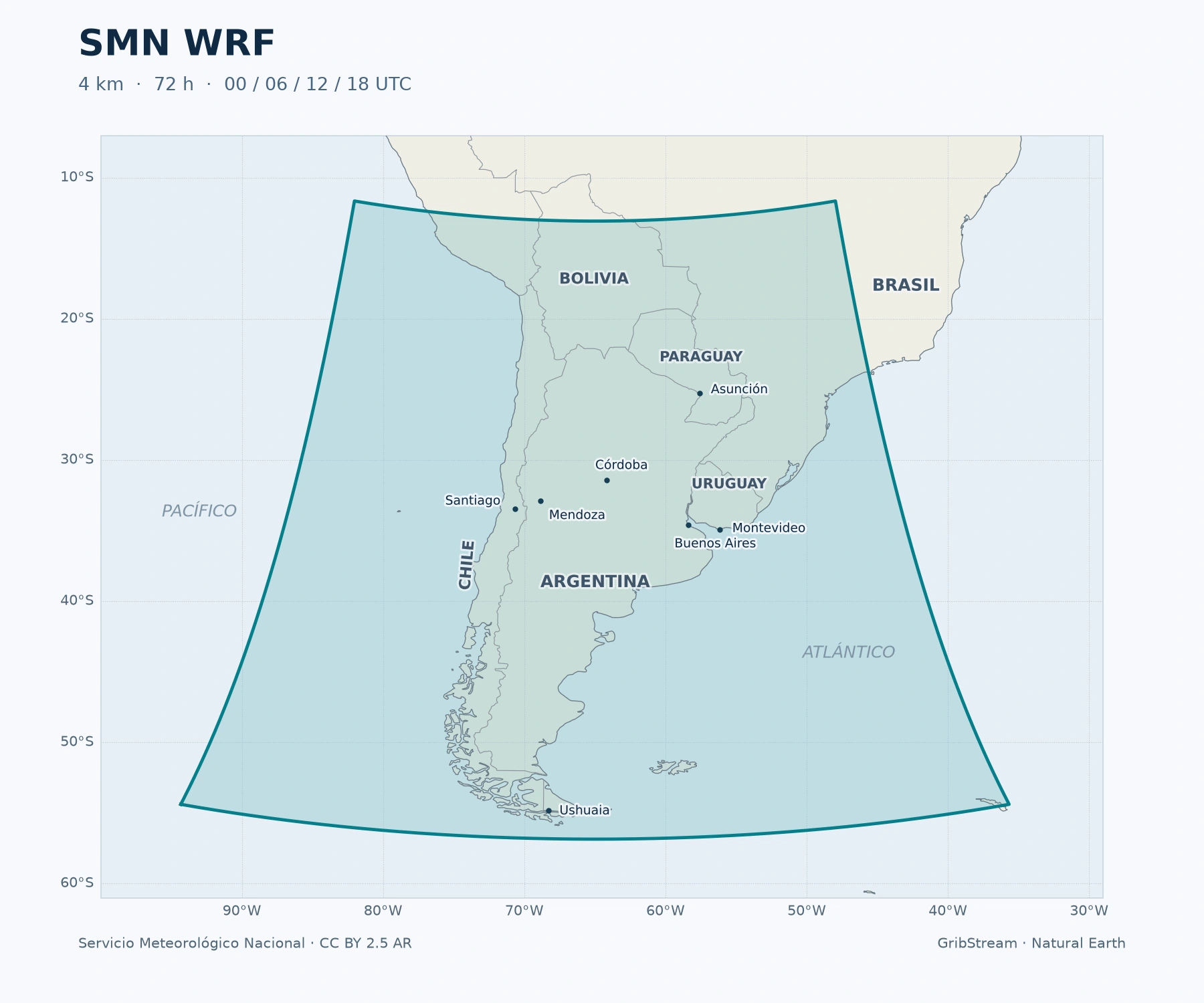 SMN-WRF-Vorhersagegebiet über Argentinien und dem südlichen Südamerika