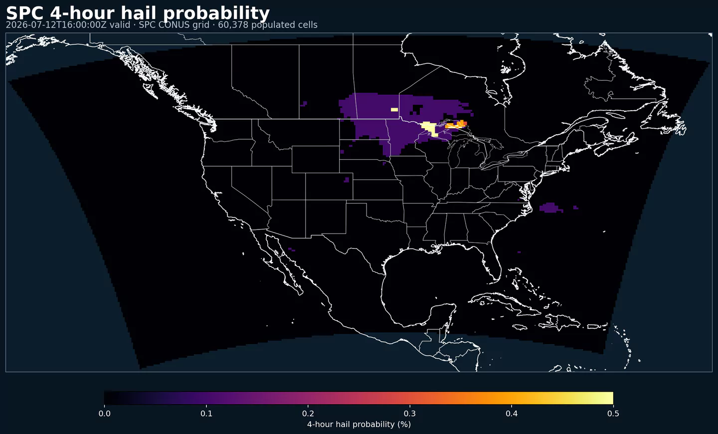 SPC four-hour hail probability across its complete grid