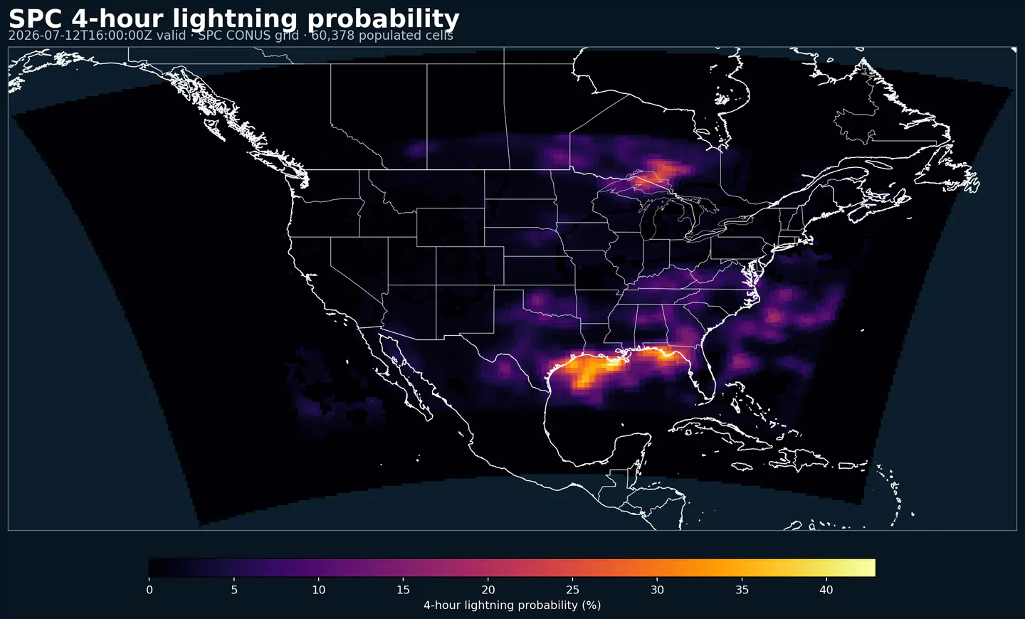 SPC four-hour lightning probability across its complete grid