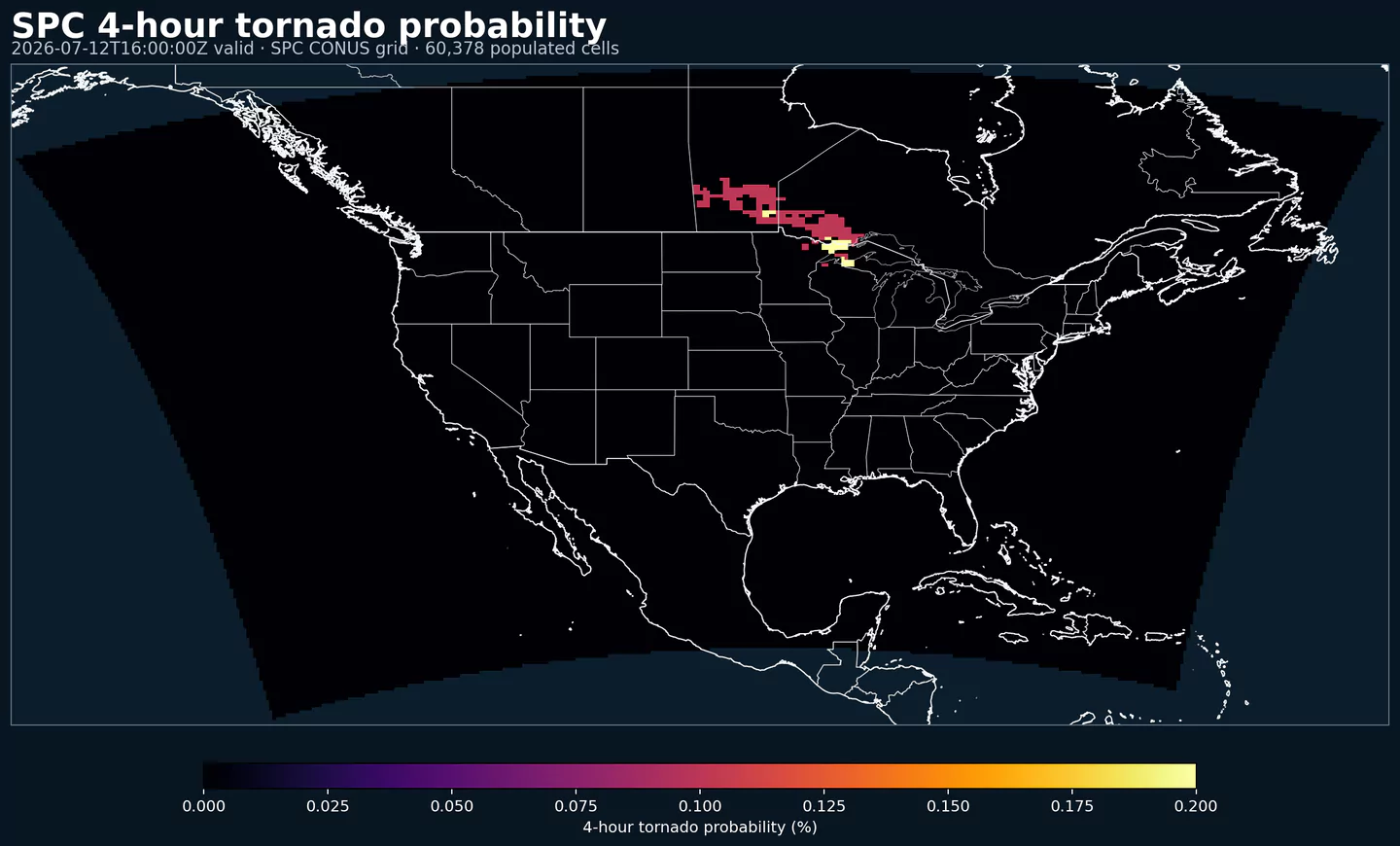 SPC four-hour tornado probability across its complete grid