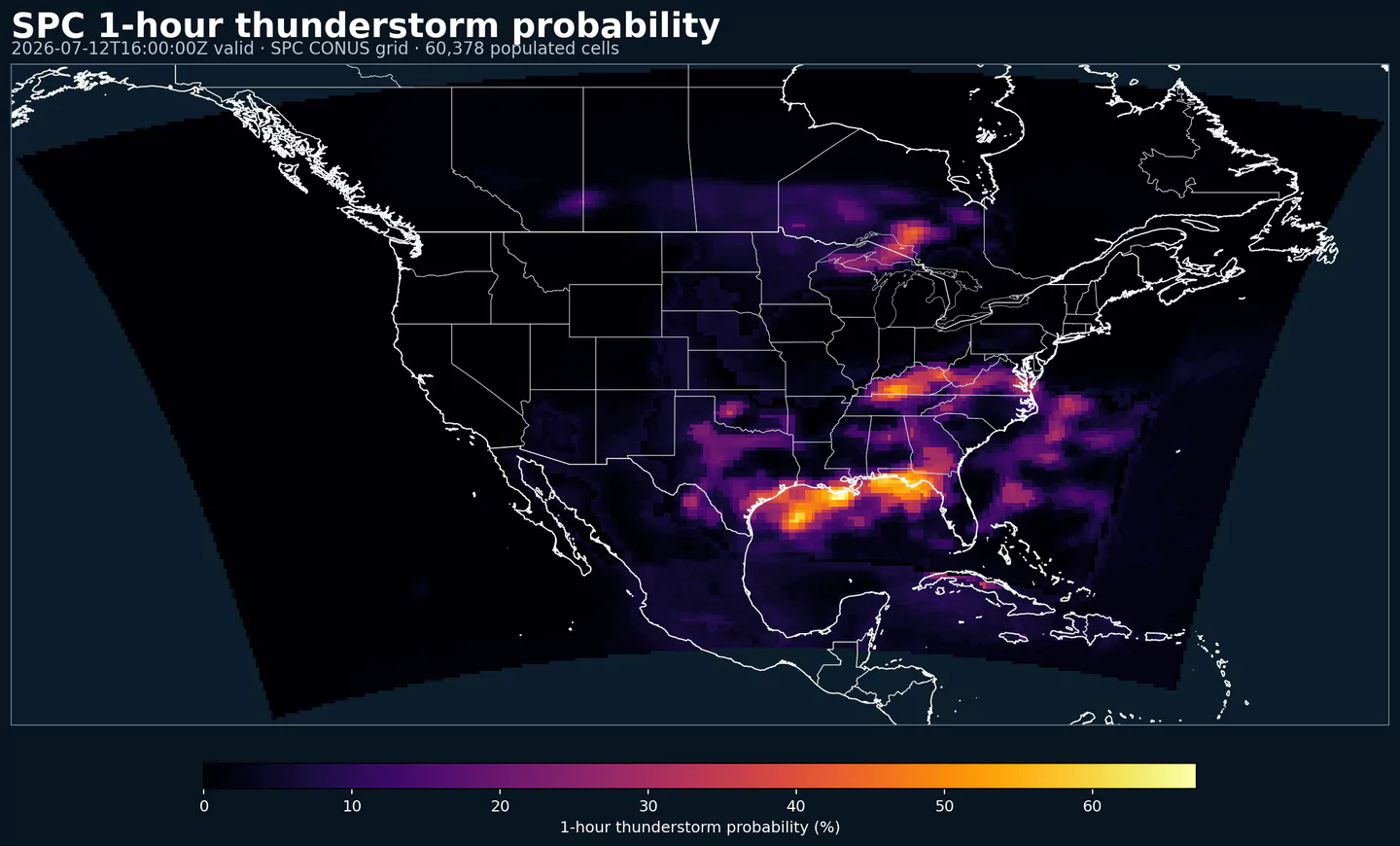 SPC one-hour thunderstorm probability across its complete grid