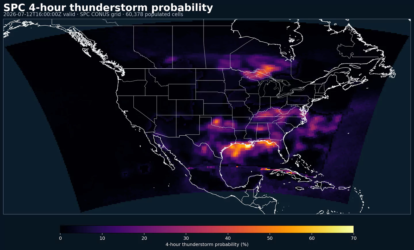 SPC four-hour thunderstorm probability across its complete grid