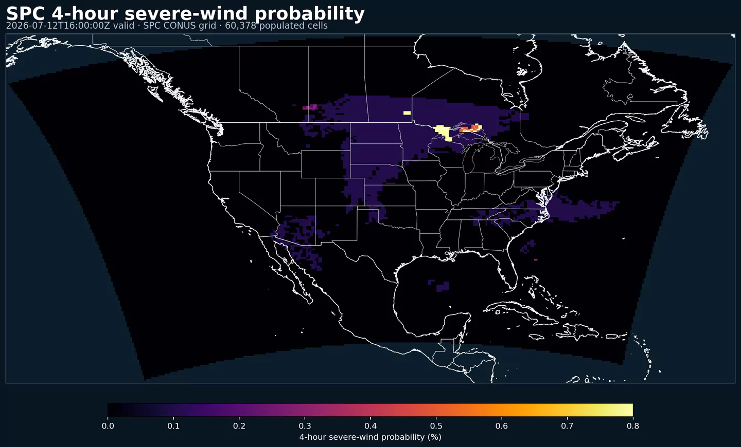 SPC four-hour severe wind probability across its complete grid