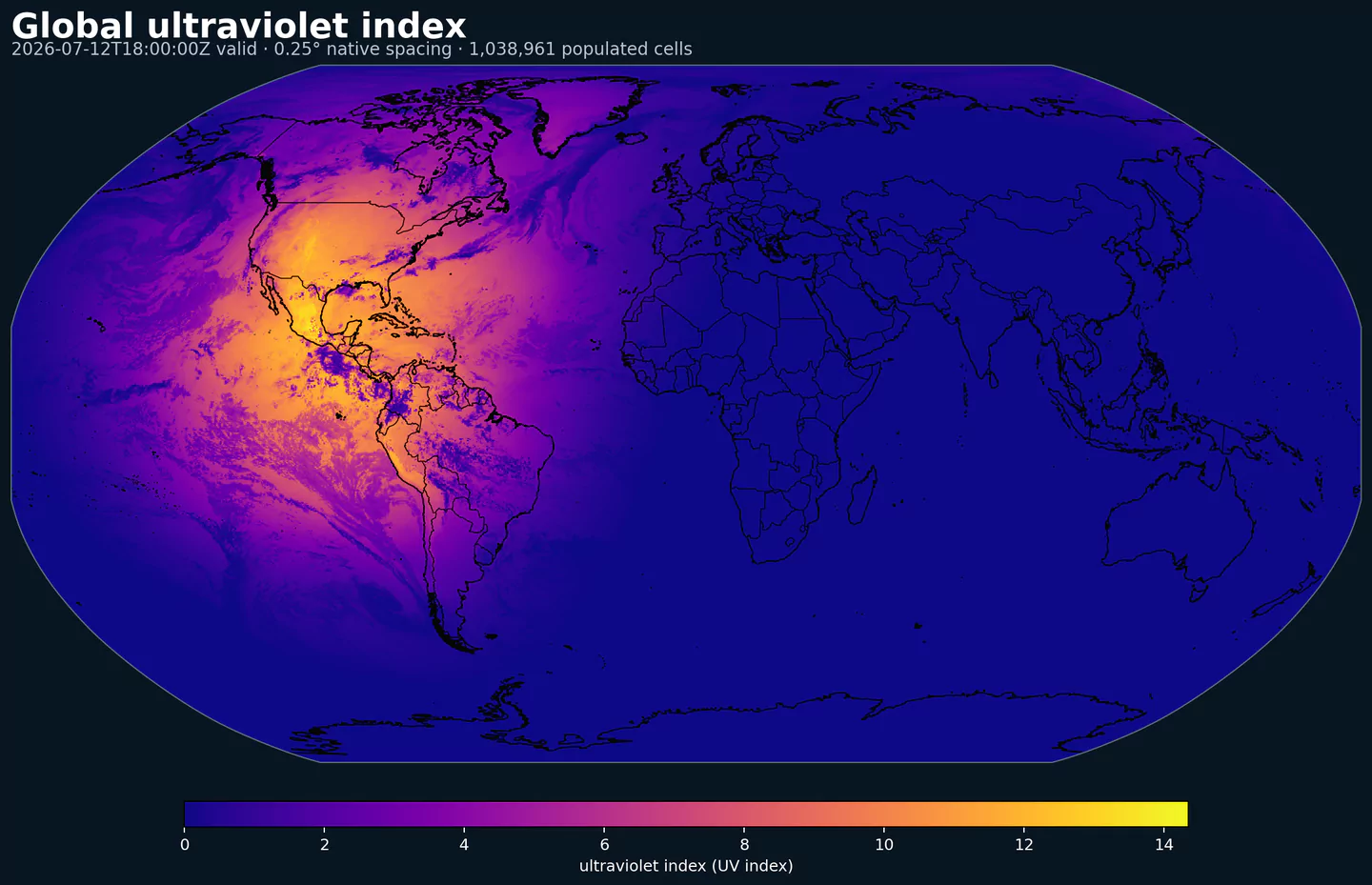Global daytime ultraviolet index field with black country boundaries